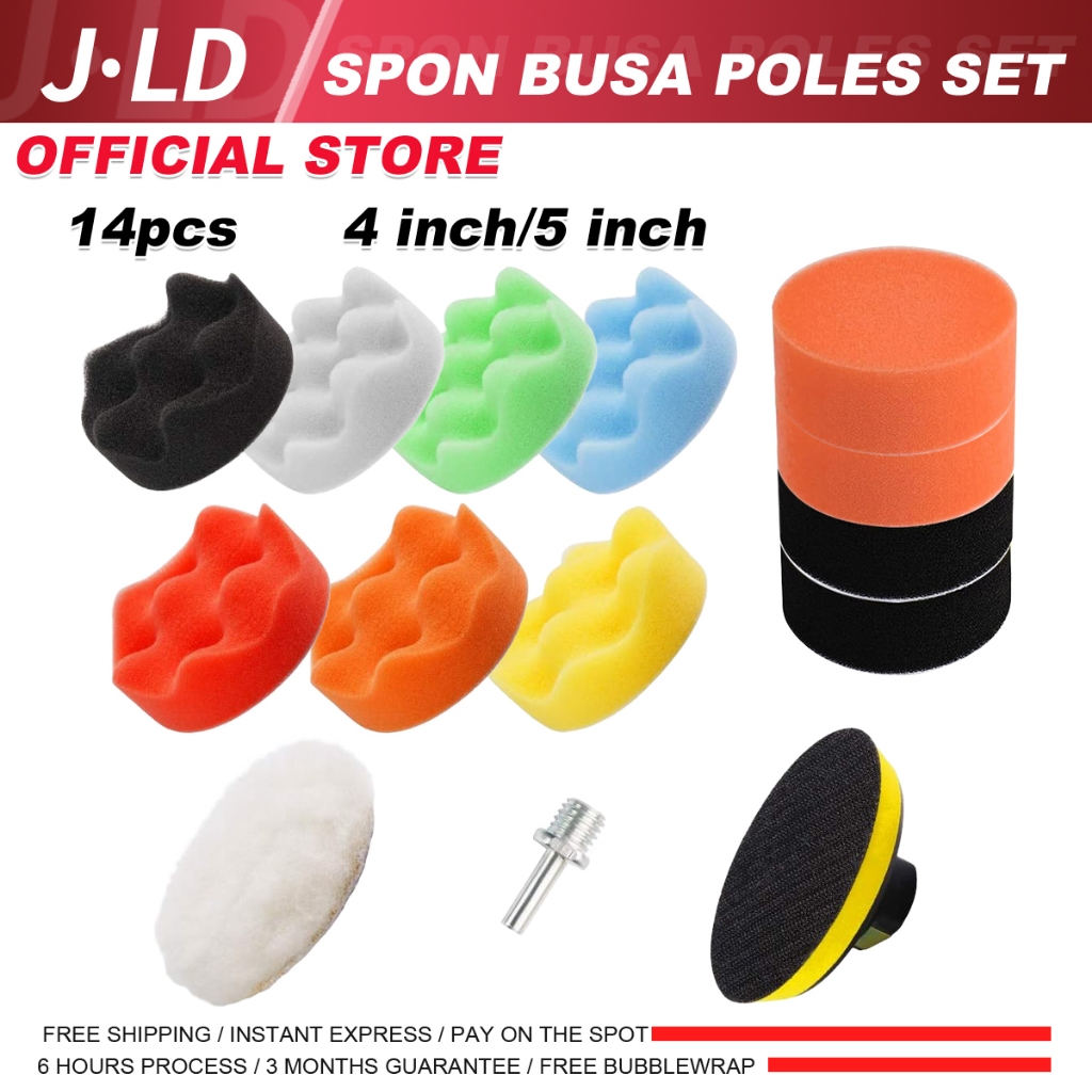 JLD Spon Busa Poles Set 14pcs Sponge Wool Polishing Body Motor Mobil Set 100MM/125MM Berisi Pad Velc