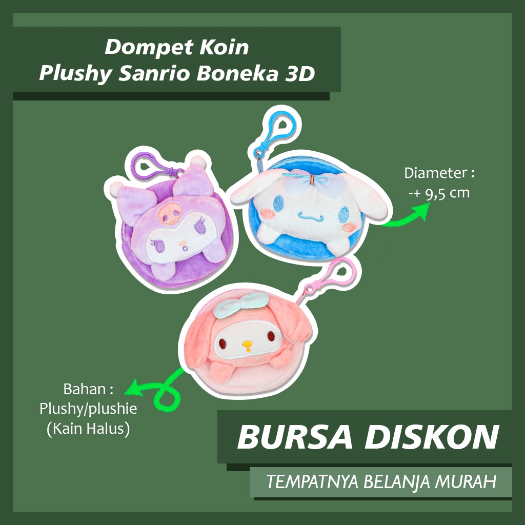 Dompet Koin Plushy Sanrio Boneka 3D KP-1279 Pouch Coin Wallet My Melody Kuromi Cinnamoroll