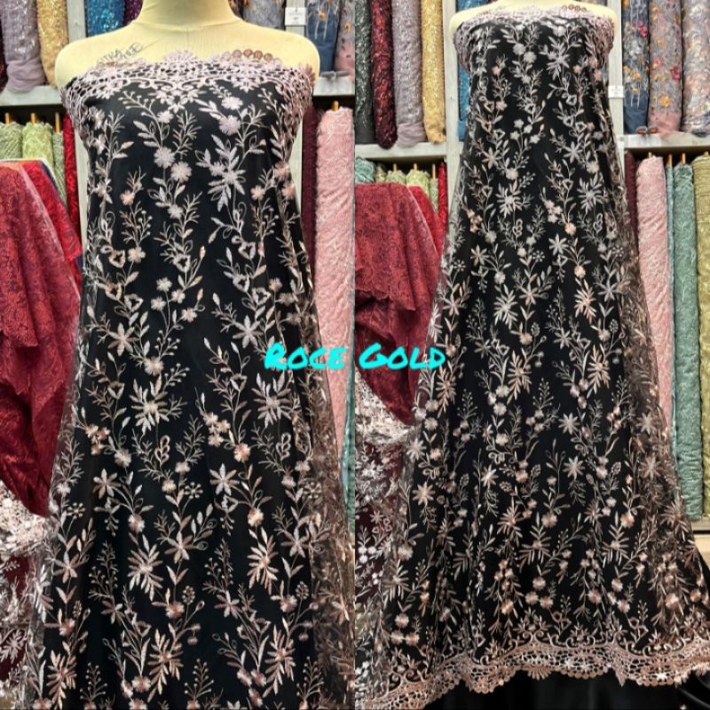BAHAN/KAIN TILLE BORDIR CAMICAL WARNA DASAR HITAM(KEBAYA WANITA TERBARU)