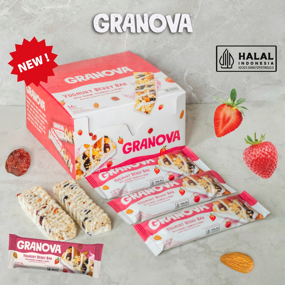 

Granova - Snackbar Yoghurt Berry 26gr x 16 pc (Rasa Beri dan Yoghurt) - Cemilan Sehat, Gandum, Halal