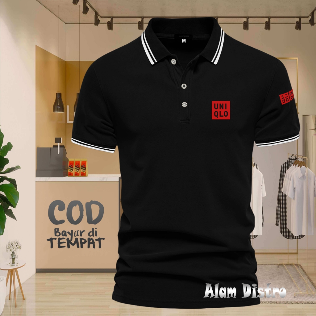 T-shirt Kaos POLO List Kerah Uniqlo Plus Lengan Text Merah Polo Kerah Unisex Pria & Wanita