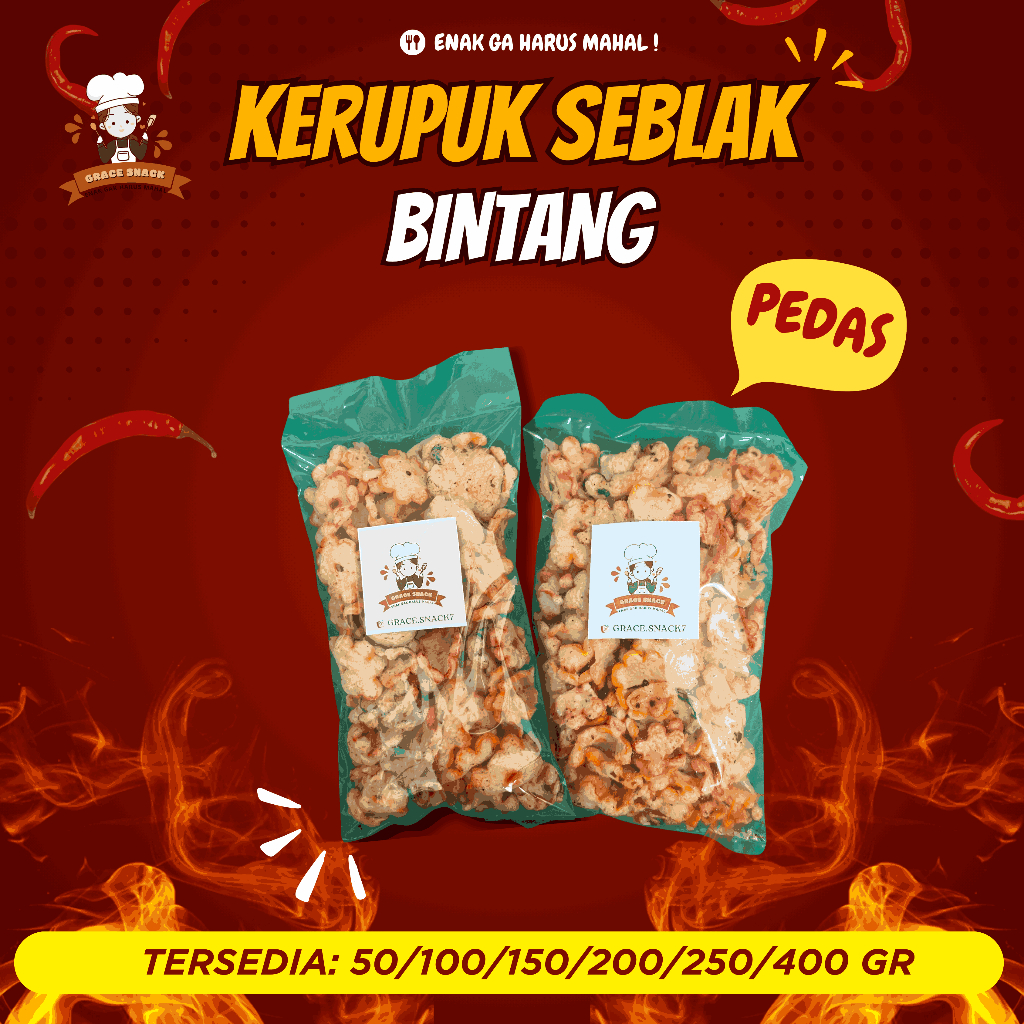 

KERUPUK SEBLAK BINTANG 50/100/150/200/250/400 GR - Grace Snack