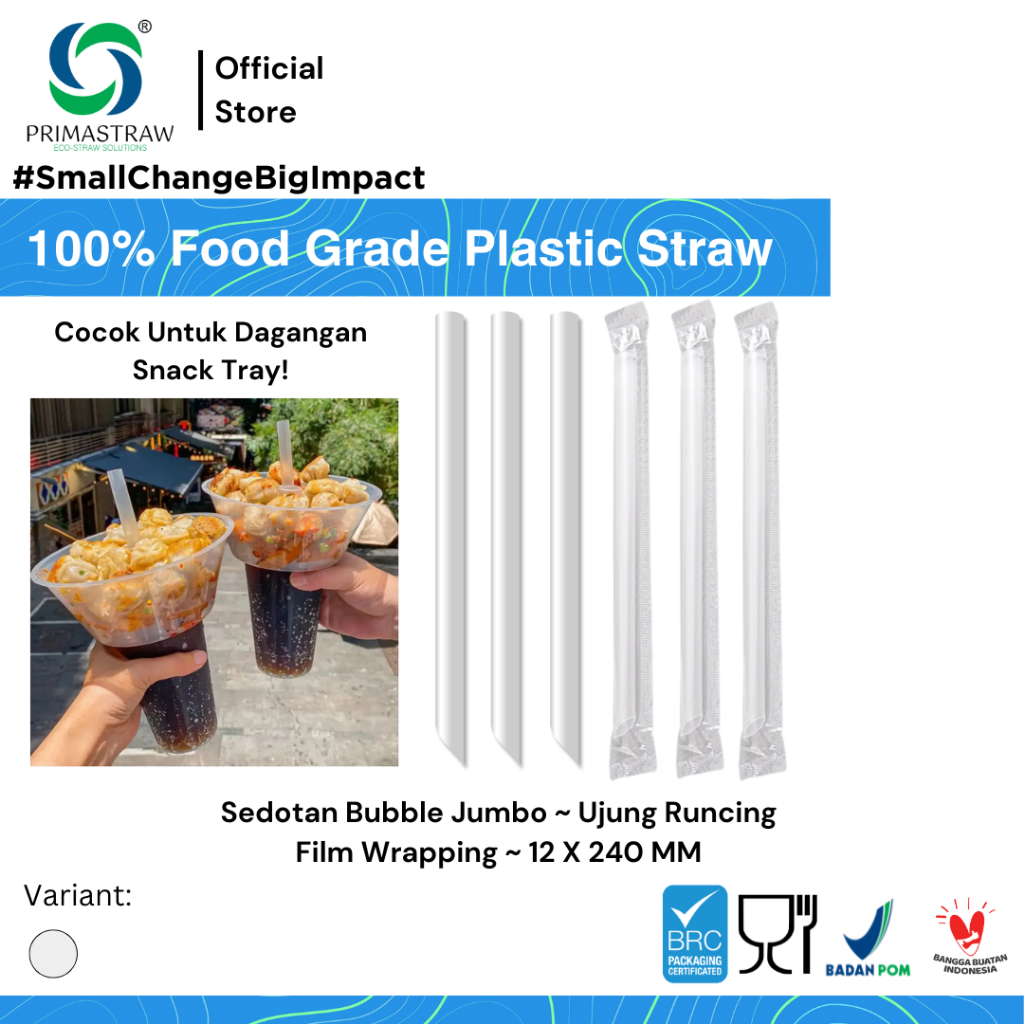 PRIMASTRAW - Sedotan Plastik Boba Runcing Steril TINGGI - 12x240mm (1000 PCS = 10 PACK)