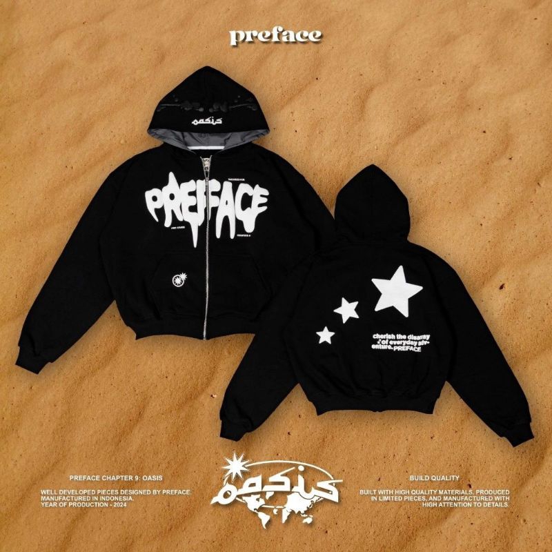 PREFACE Oasis Black Zip Hoodie (Boxy Cut)