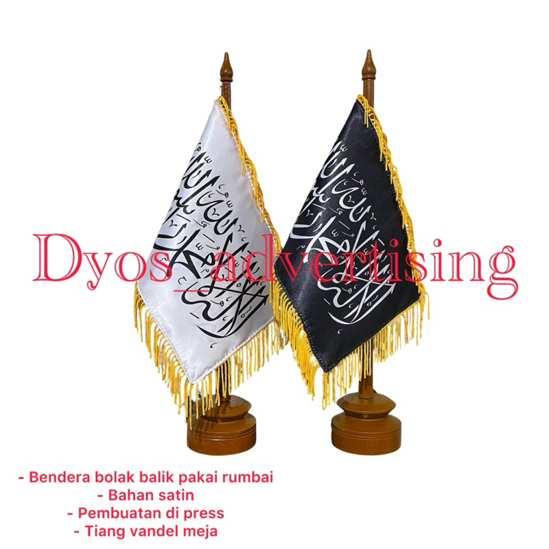 

Bendera meja bolak balik pakai rumbai custom + tiang