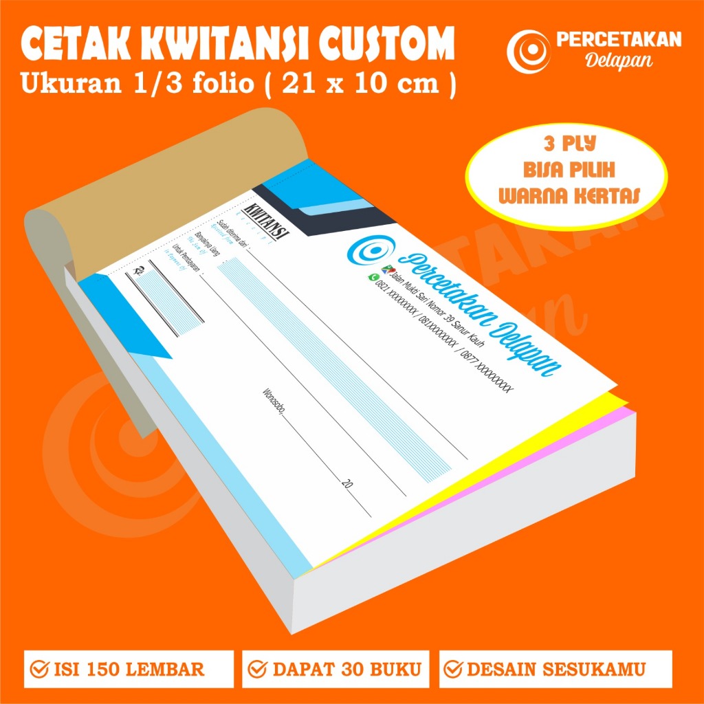 

cetak Kwitansi custom 3 ply 1/3 FOLIO / Paket 30 buku
