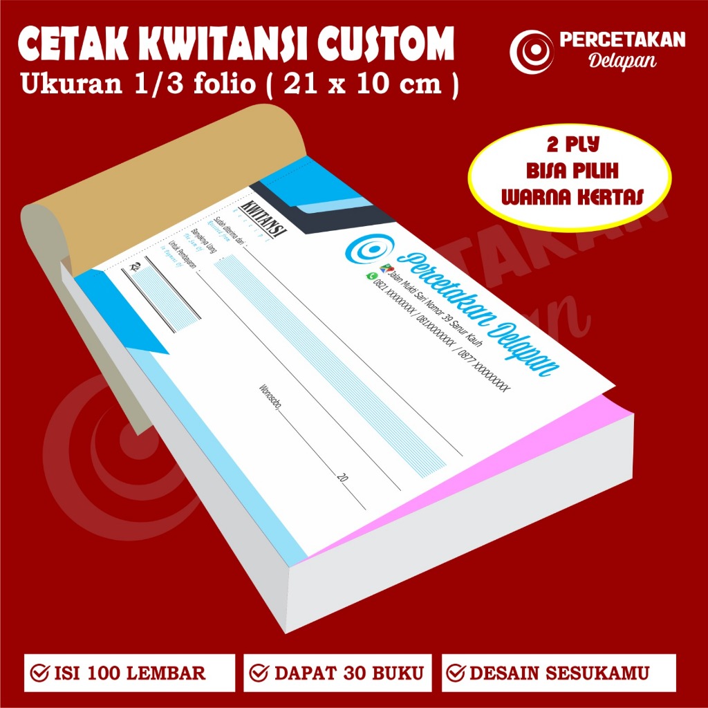 

cetak Kwitansi custom 2 ply 1/3 FOLIO / Paket 30 buku