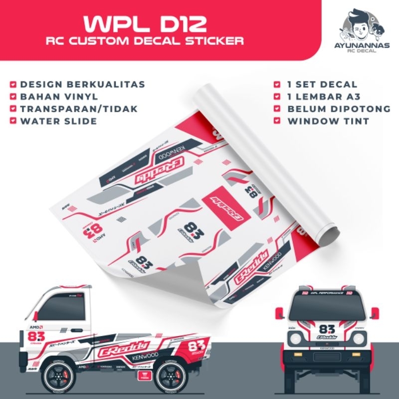 Decal Stiker RC WPL D12 skala 1:10 greddy livery