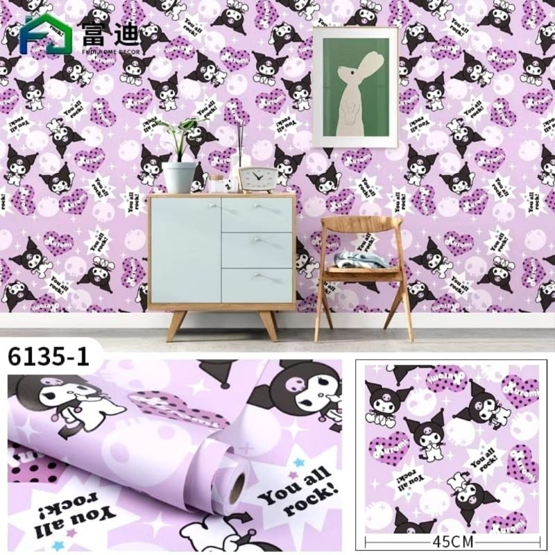 Wallpaper Sticker Dinding Motif Kuromi Ungu Muda