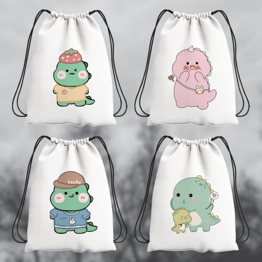 Tas Serut Stringbag Gymsack Dino Anti Air | Tas Serut DTF Putih Drawstring Tas Serut Lucu Serbaguna
