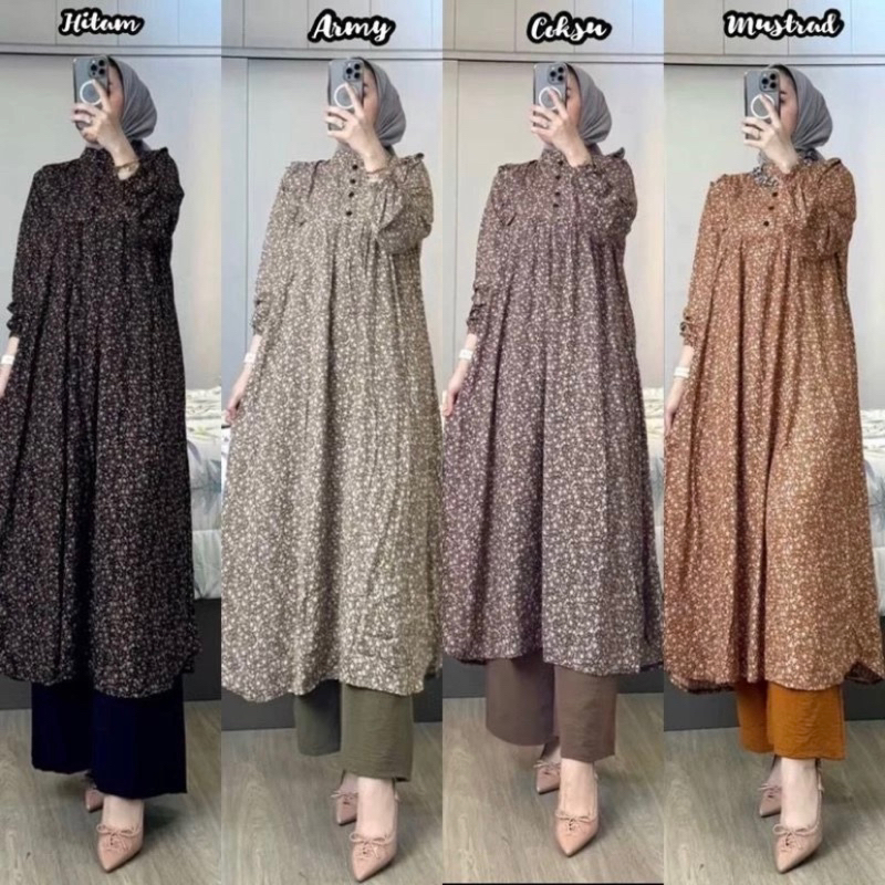Terbaru Setelan Long Tunik Motif Bunga Jasmine Kecil Bahan Rayon Diamond Celana Cringkel