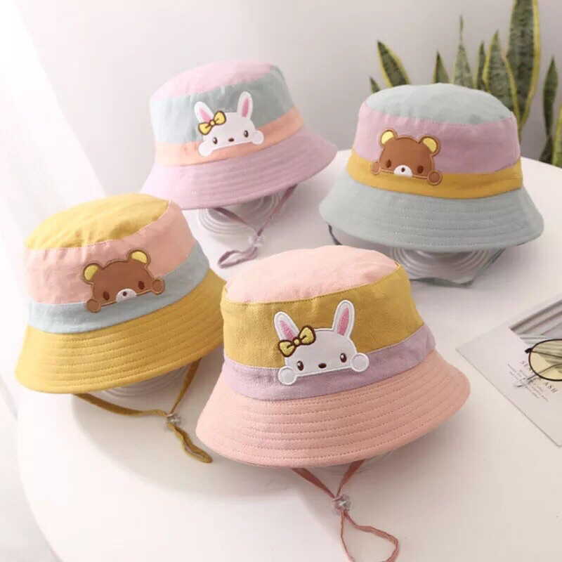 TOPI BUCKET ANAK PEREMPUAN RABBIT BEAR TOPI BUNDAR BAYI PEREMPUAN TIGA WARNA