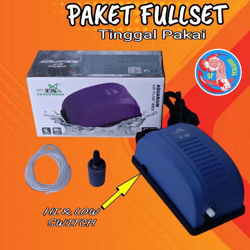 PAKET LENGKAP VENUSAQUA AP 208   : Mesin aerator lubang 1 aquarium air pump airpump full set komplit