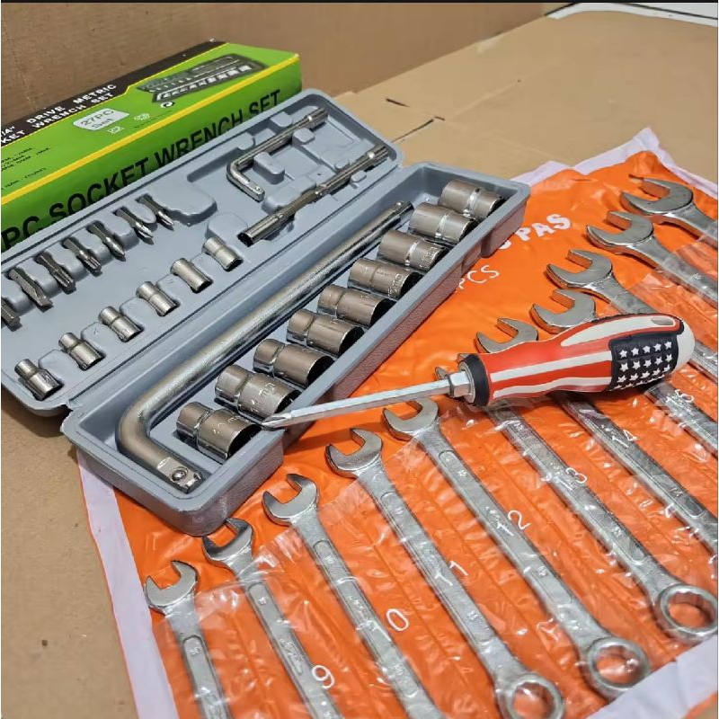 Satu Paket Kunci Bengkel / Kunci Sok Set kenmaster 27 Pcs / Kunci Ring Pas 11 Pcs Diamond / Alat Ben