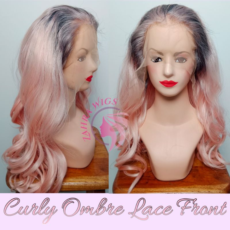 Wig Wanita Model Lace Front Rambut Panjang Curly Warna Ombre Hitam Merah Muda