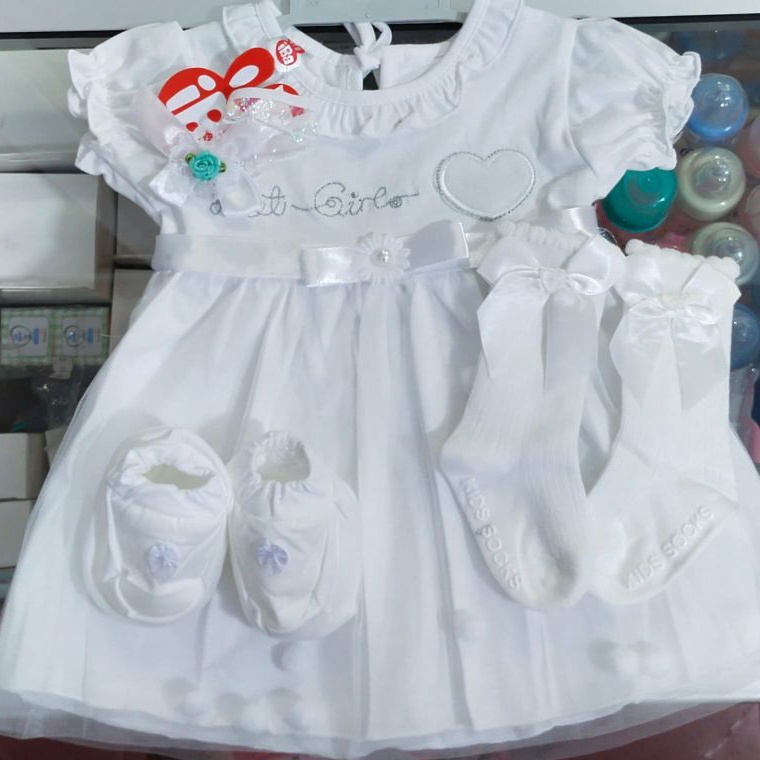 Ready Dress bayi tutu  bando  sepatu  hanger Iba putih Baby set  Kado bayi store