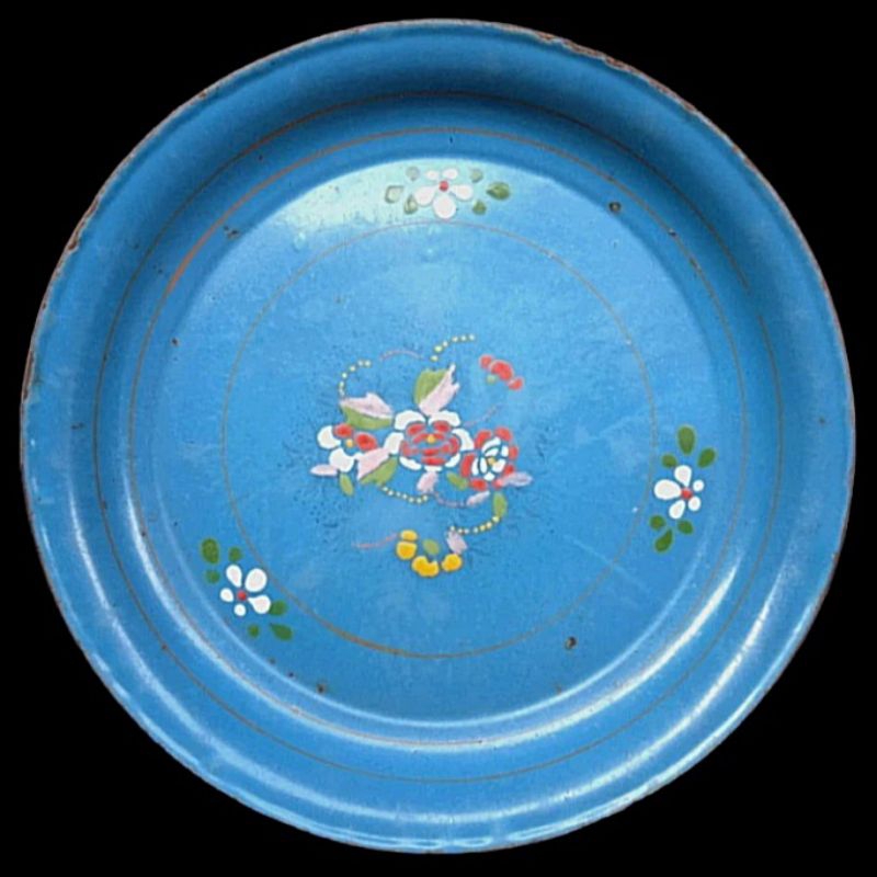 Antik Vintage Nampan Talam Biru Enamel Eropa Lukis Timbul Kuno Tua Lama Utuh Layak Koleksi