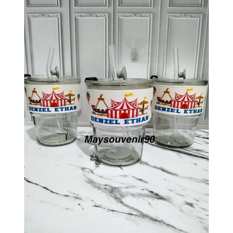 souvenir tumbler gelas kaca , tumbler sedotan , gelas sedotan kaca plus cetak uv
