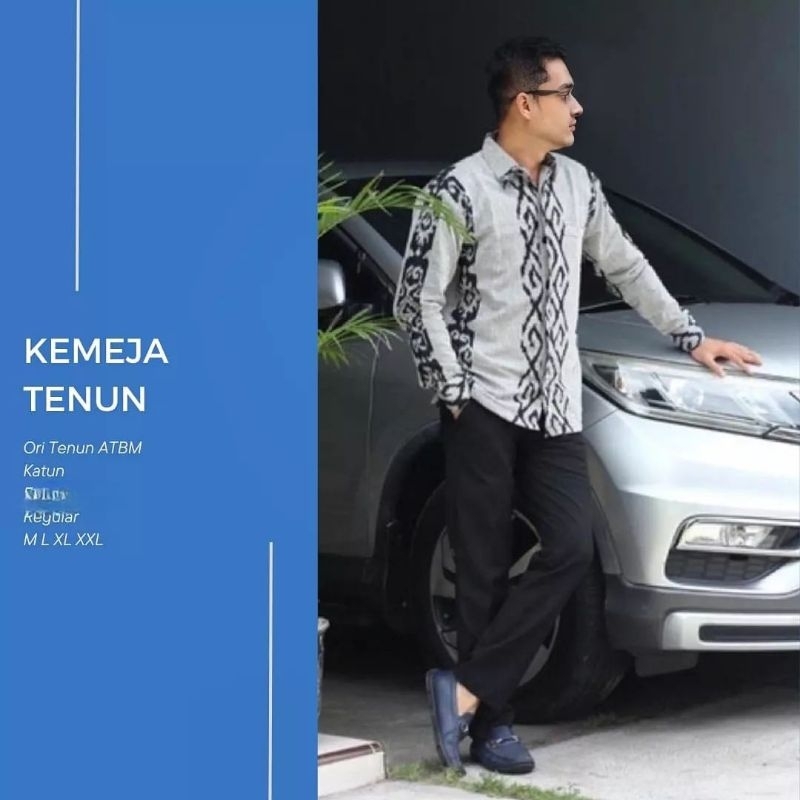 Kemeja tenun pria lengan panjang warna abu abu motif toraja