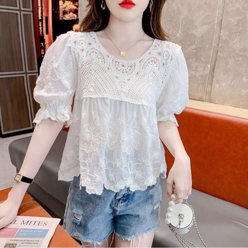 42000 Baju atasan blouse DOROTHY CROCHET TOP bordir putih krem lengan pendek Korean style wanita pre