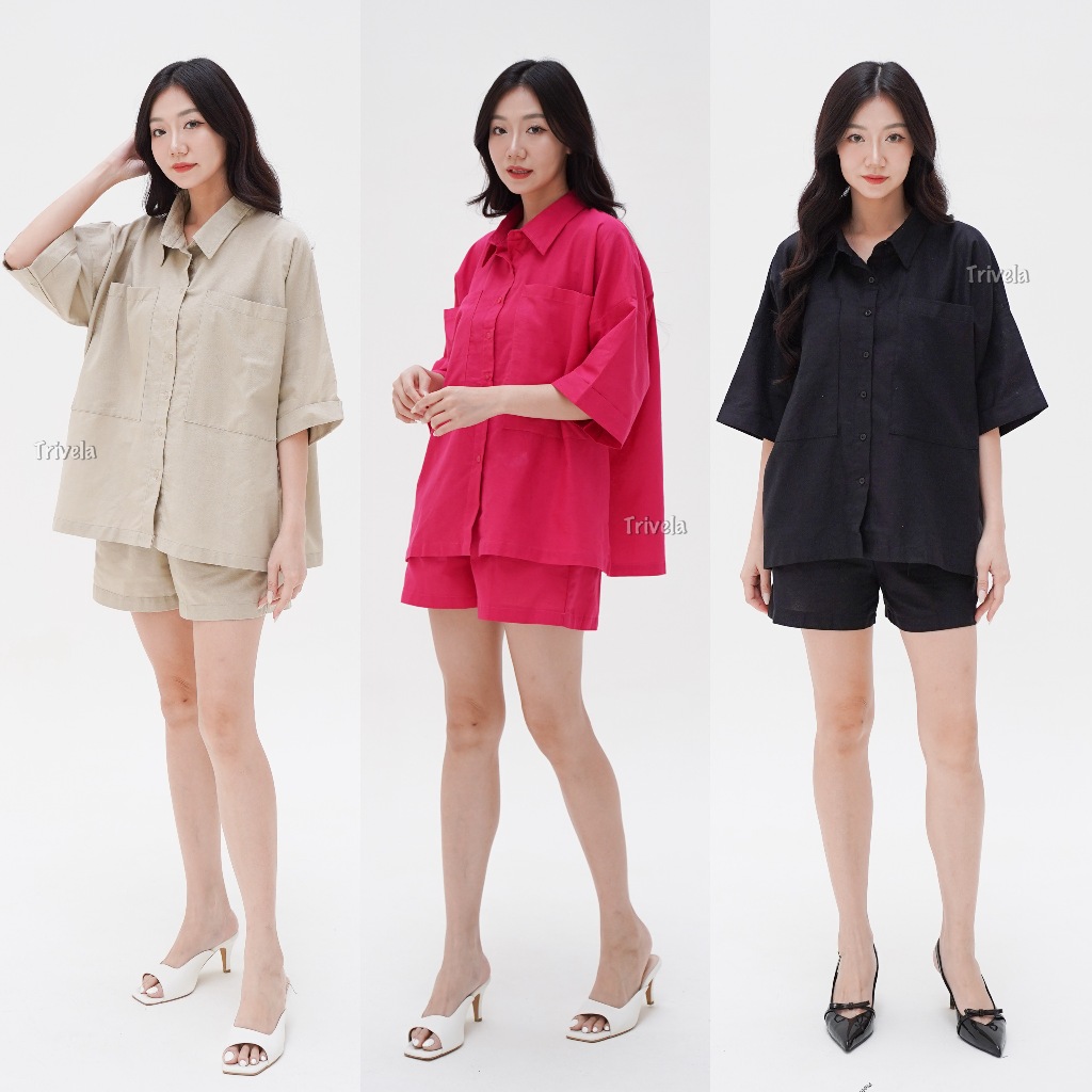 TRIVELA - Setelan Wanita Linen Premium Oversized | Linen Shirt Set | Setelan Celana Pendek Cewek Big