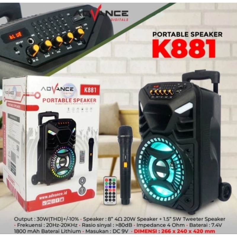 Speaker Portable Advance K881 8inch Free Mic/Speaker Bluetooth Advance K881 ORI