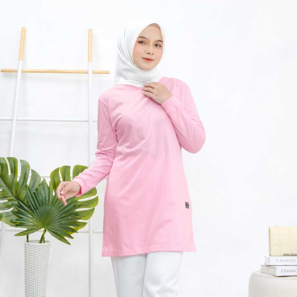 Tunik Kaos Polos Wanita Kekinian warna Pink Lengan Panjang Combed 24S