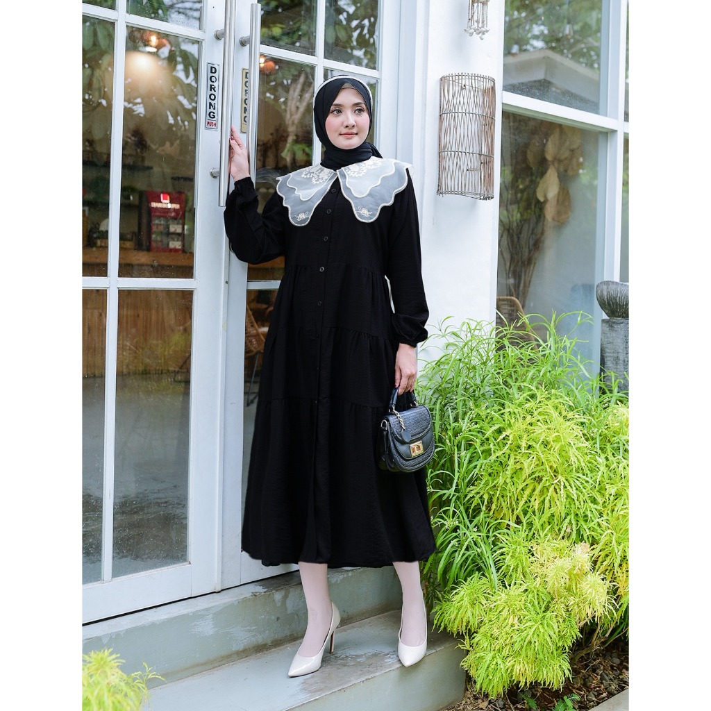 NAYA MIDI DRESS PREMIUM LINEN MIX ORGANZA KERAH KANCING AKTIF LD 110 / MIDI DRESS WANITA POLOS KEKIN