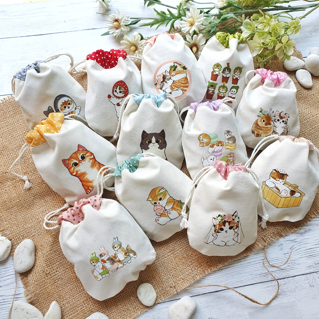 Pouch Serut Blacu Mini Dompet Kantong Kain Kecil Mofusand Fuku Fuku Naynko Kucing Kitten Cat Koin Ma