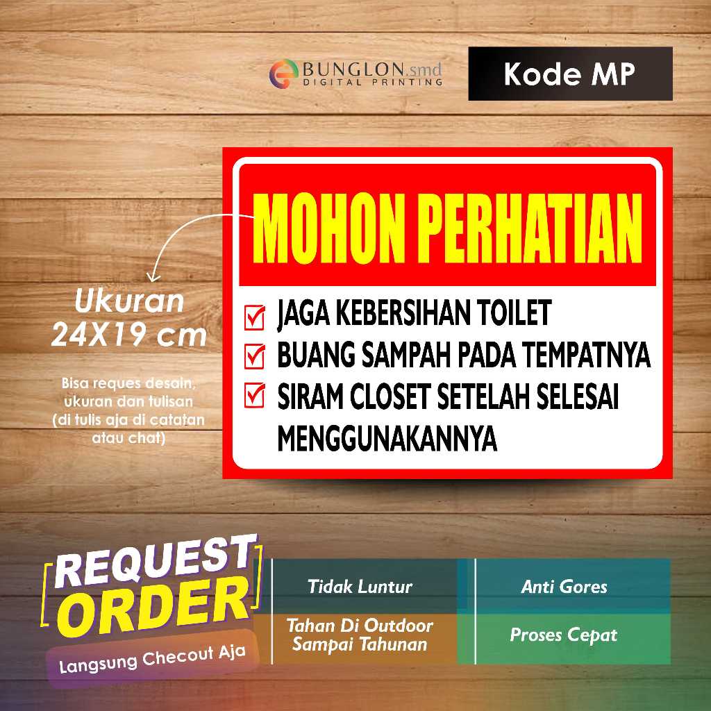 

STIKER MOHON PERHATIAN KEBERSIHAN TOILET + LAMINASI KODE MP PUTIH MERAH