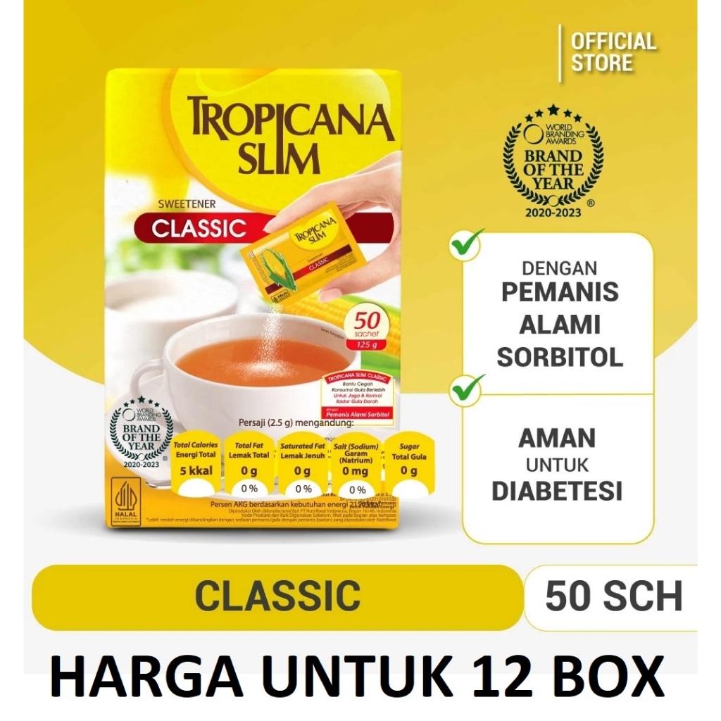 

Tropicana Slim Classic Isi 12 Box 50 Sachet Box Sweetener Pemanis Gula Kotak