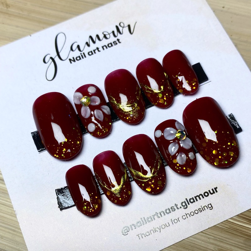 Kuku Palsu Wedding Maroon Handmade Nail Art Wedding Murah FREE LEM NAIL ART SIMPLE