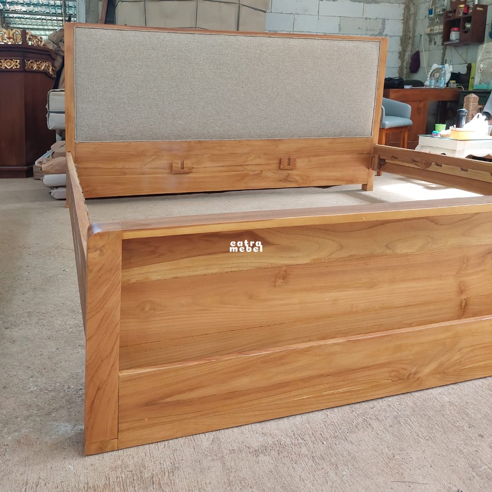 Dipan Kasur 160x200 Minimalis Modern Bahan Kayu Jati Headboard Busa Empuk Tanpa Laci