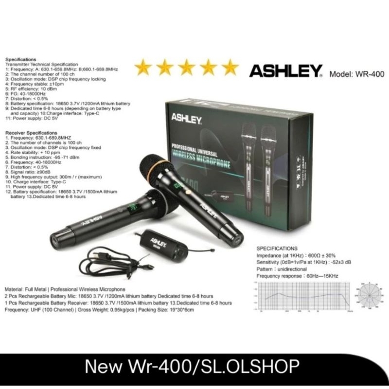 Mic Wireless Ashley WR-400/Ashley WR-400 Microphone Dual  Handheld  Mic Full Metal Original