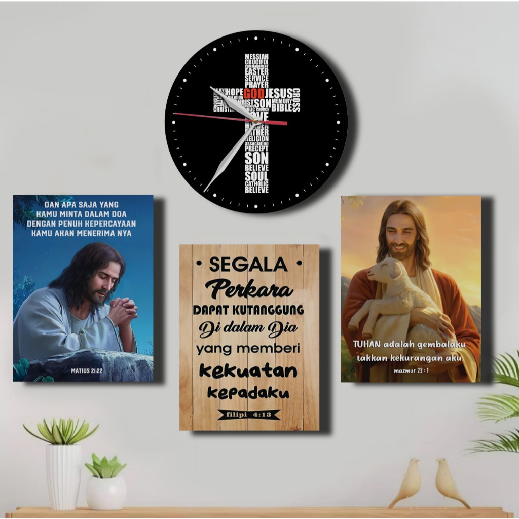 Jam Dinding Salib dan Hiasan Yesus Rumah Nasrani Ayat Alkitab Walldecor kristen