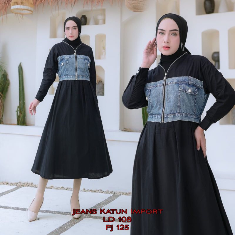 Dress katun jeans kemben sleting