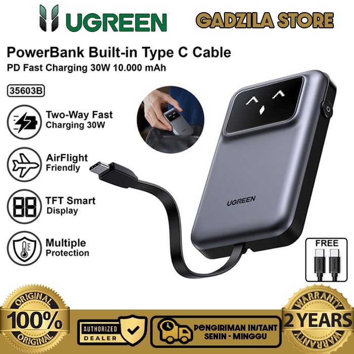 UGREEN Uno Series Powerbank Smart Display Built-in Type C Cable 10.000Mah PD Fast Charging 30w For i