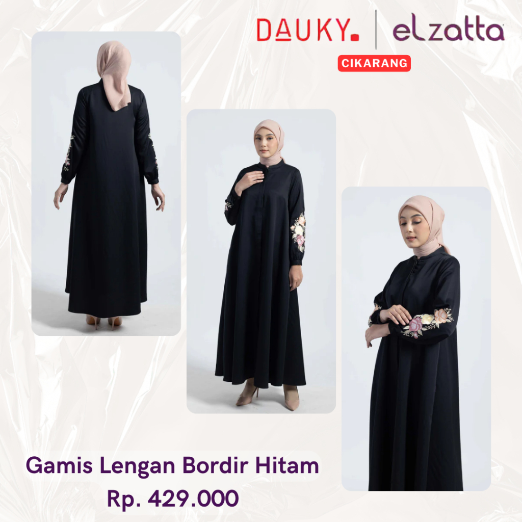 ELZATTA Gamis Lengan Bordir Hitam - Fashion Muslim Baju Dress Gamis Polos Bahan PolyTexture Terbaru