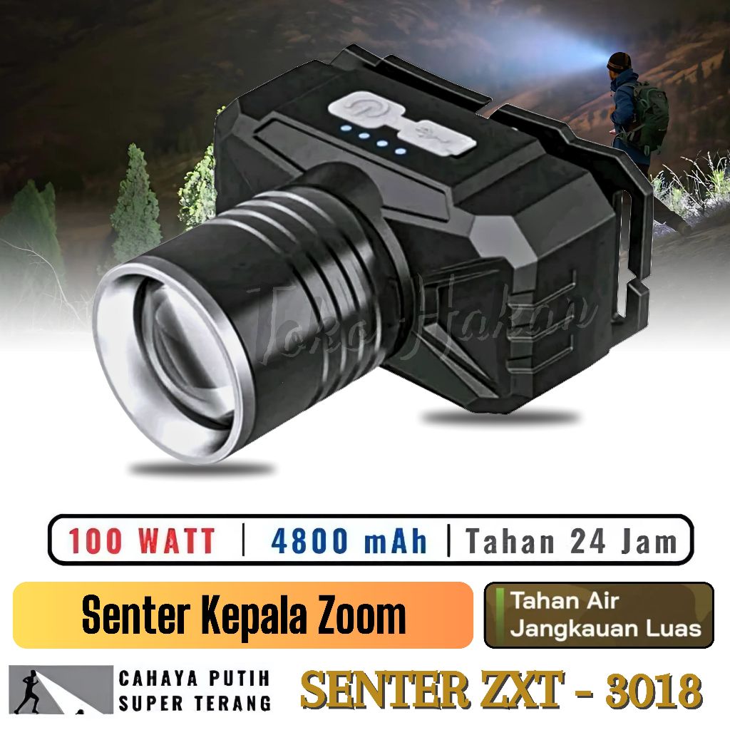 Senter Kepala ZXT Zoom 100 Watt Cahaya Putih Dan Kuning / Senter Kepala LED ZOOM ZXT-3018 / Senter K