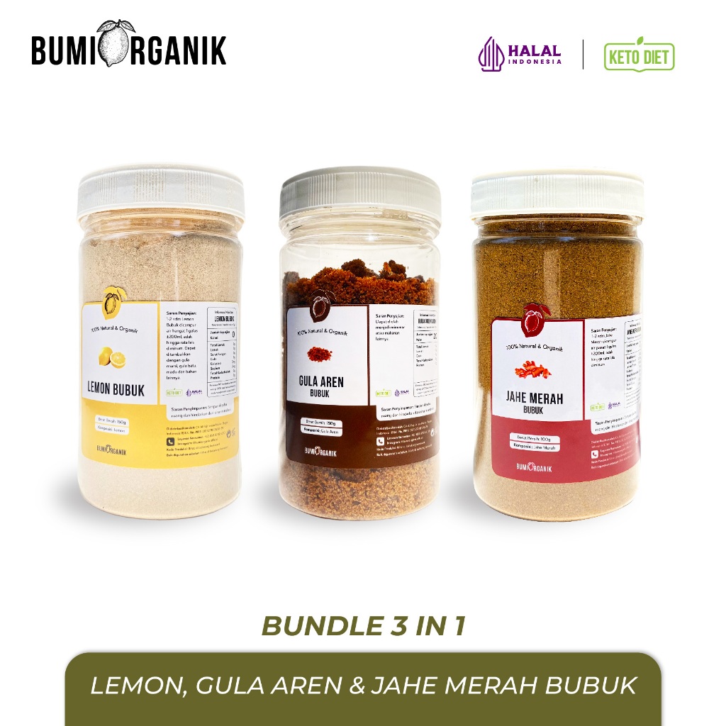 

Bumi Organik - Paket Bundling Lemon Bubuk Gula Aren Bubuk & Jahe Merah Bubuk