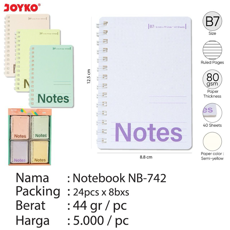 

NB742 Spiral Ruled Mini Notebook / Spiral Diary Agenda Saku Bergaris / Buku Notepad Catatan Garis Uk. B7 Joyko ukuran B7 NB-742 40 Lembar