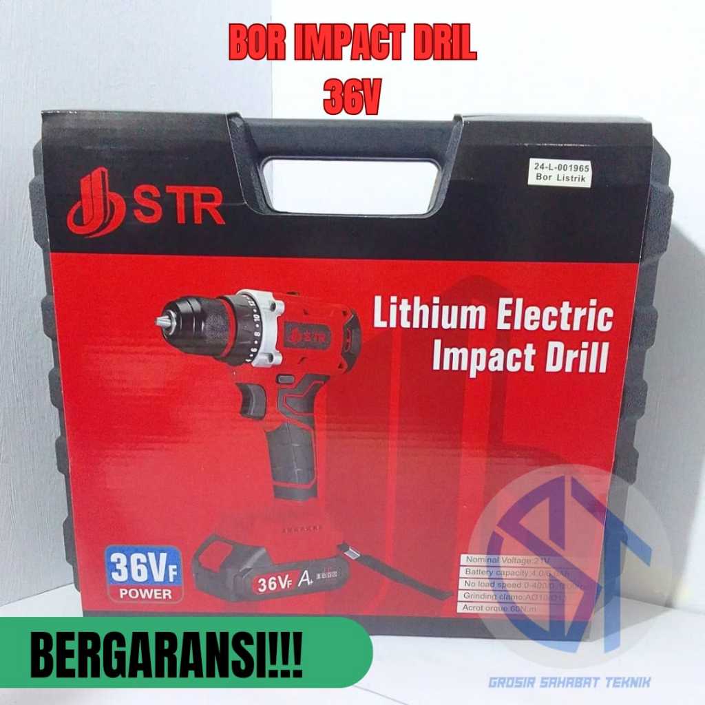 Bor STR Cordless Drill Bor Baterai 36v Impact Drill 2 Baterai