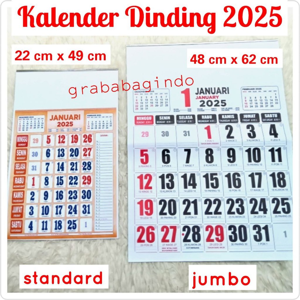 

KALENDER DINDING 2025 BULANAN JUMBO 48CM X 62CM DAN STANNDART 22 X 49 CM