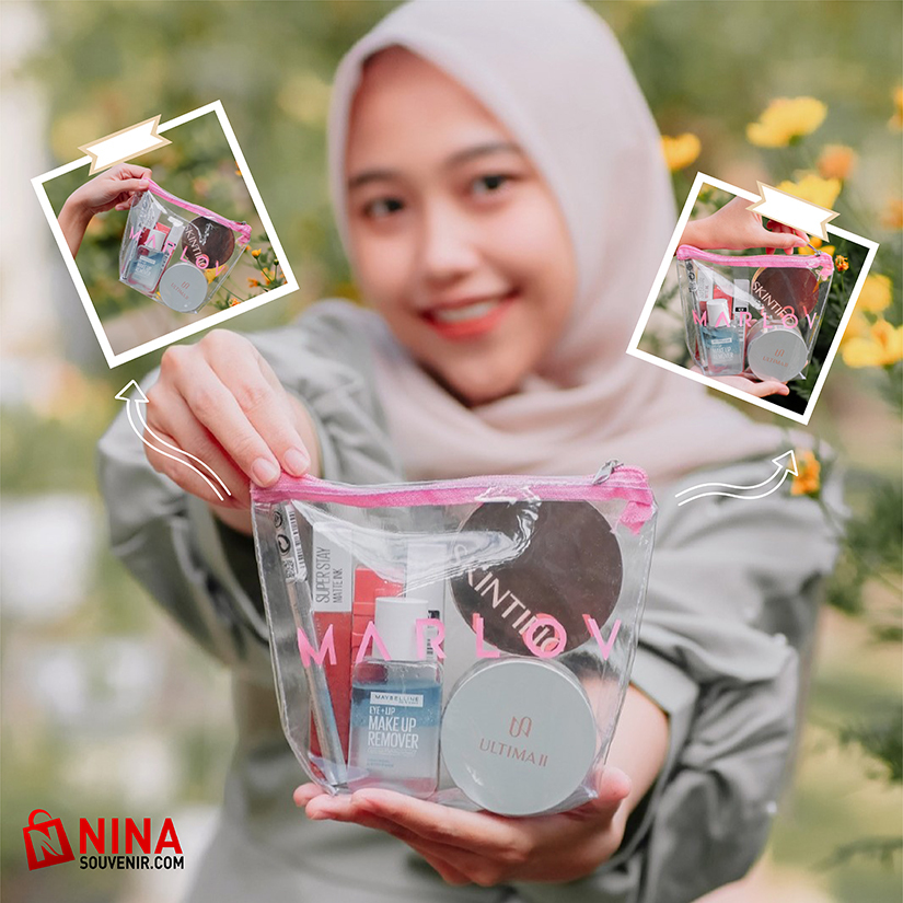 18x13x5 Caroline Pouch Custom Desain / Tas Kosmetik Bahan PVC Transparant Pouch Travel Organizer / P