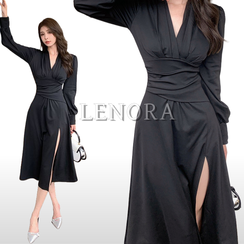 [S~XL]Dress Korean Style - Dress Import Terbaru Korean Style Hitam Vintage Lengan Panjang