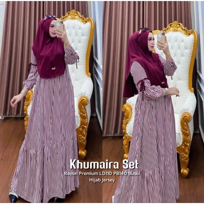 Set Gamis Khumaira Hijab Jersey Bahan Rayon Premium Busui Friendly LD110 PB140 Garis Elegan