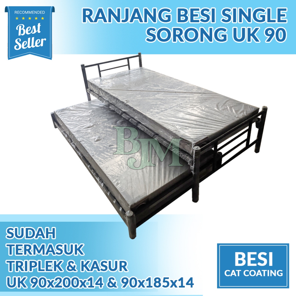 Ranjang single Ranjang besi + sorong + kasur busa + triplek