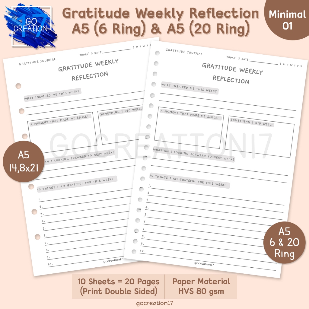 

Buku Planner Kertas Isi Binder Gratitude Weekly Reflection Simple Minimalis A5