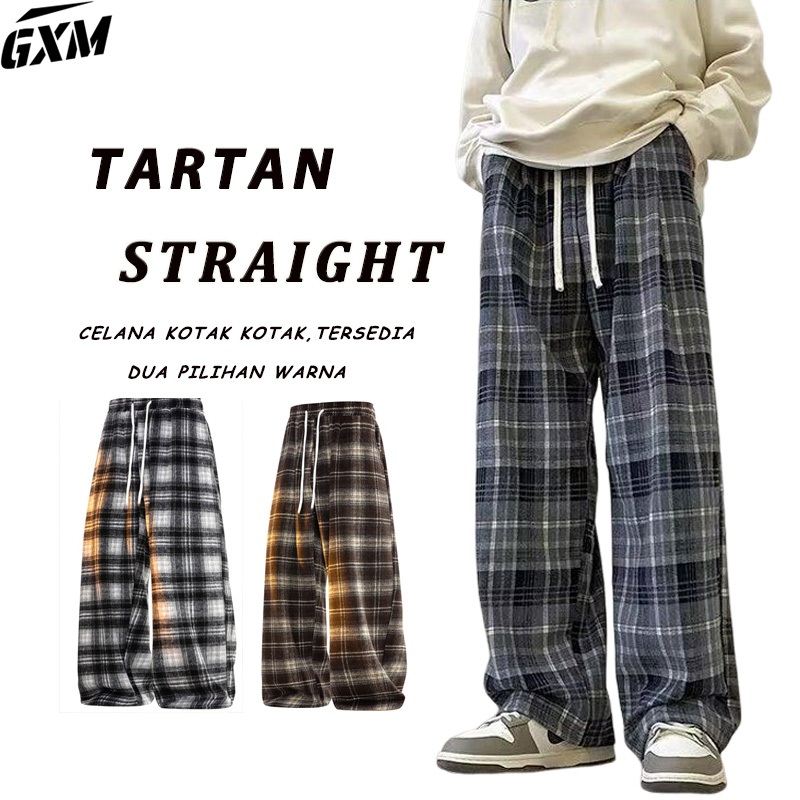 GXM celana tartan pria korean style Celana Kotak Tebal Checkered Plaid Relaxed Pants Celana Motif Te