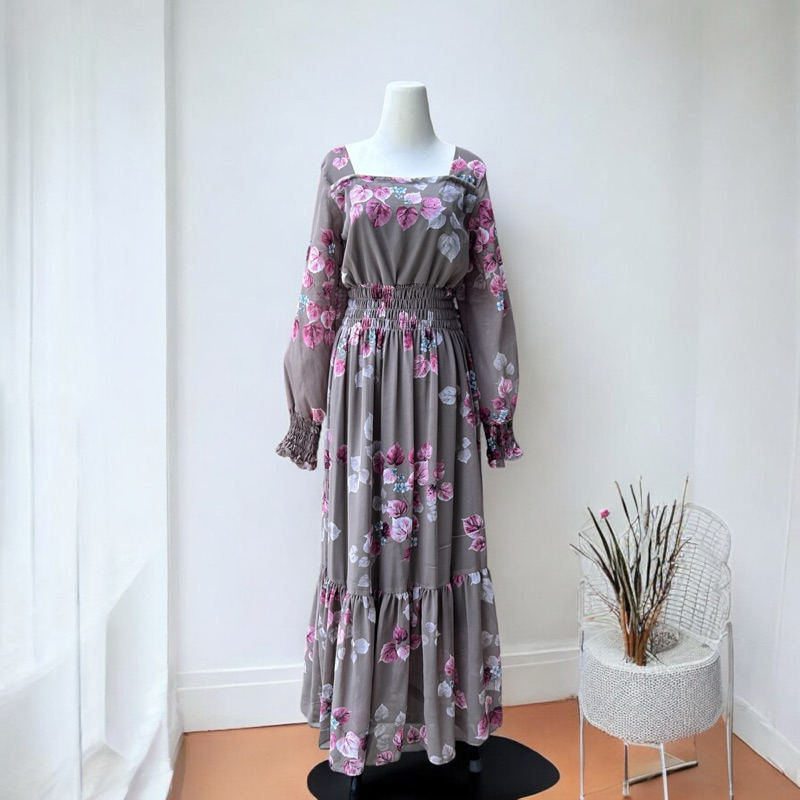 Dress Vintage Sifon Bunga Abu Lengan Panjang